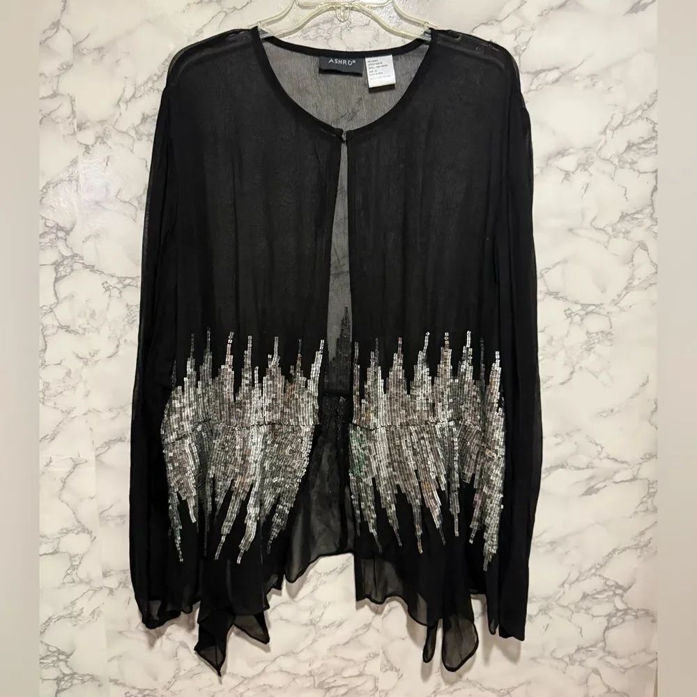 Ashro Black Sheer Cardigan with Silver Sequin Accents 20